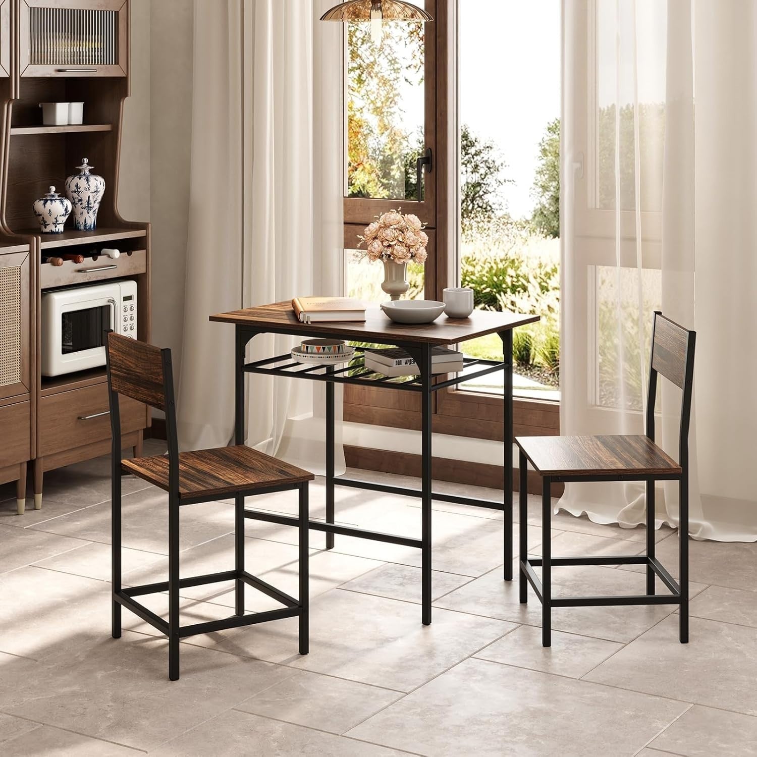 Dining Table Set Storage Rack & 2 Stools, Rustic Brown Space Saving Kitchen Set
