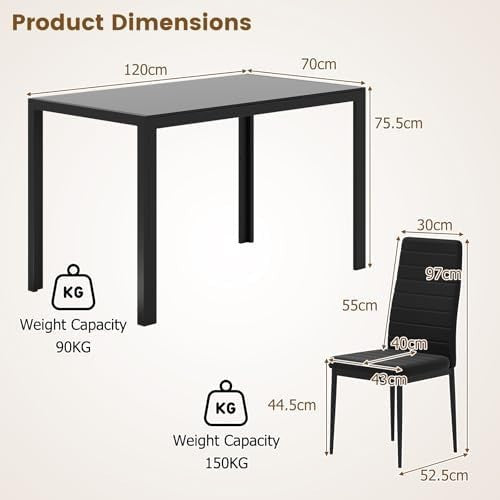 Modern Black 120x70cm Glass Dining Table Set with 4 PU Leather Chairs