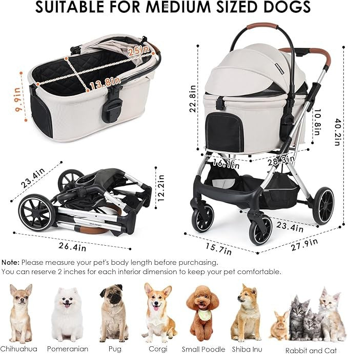 Luxury Pet Stroller 3 in 1 Folding Dog Pram with Detachable Carrier Beige