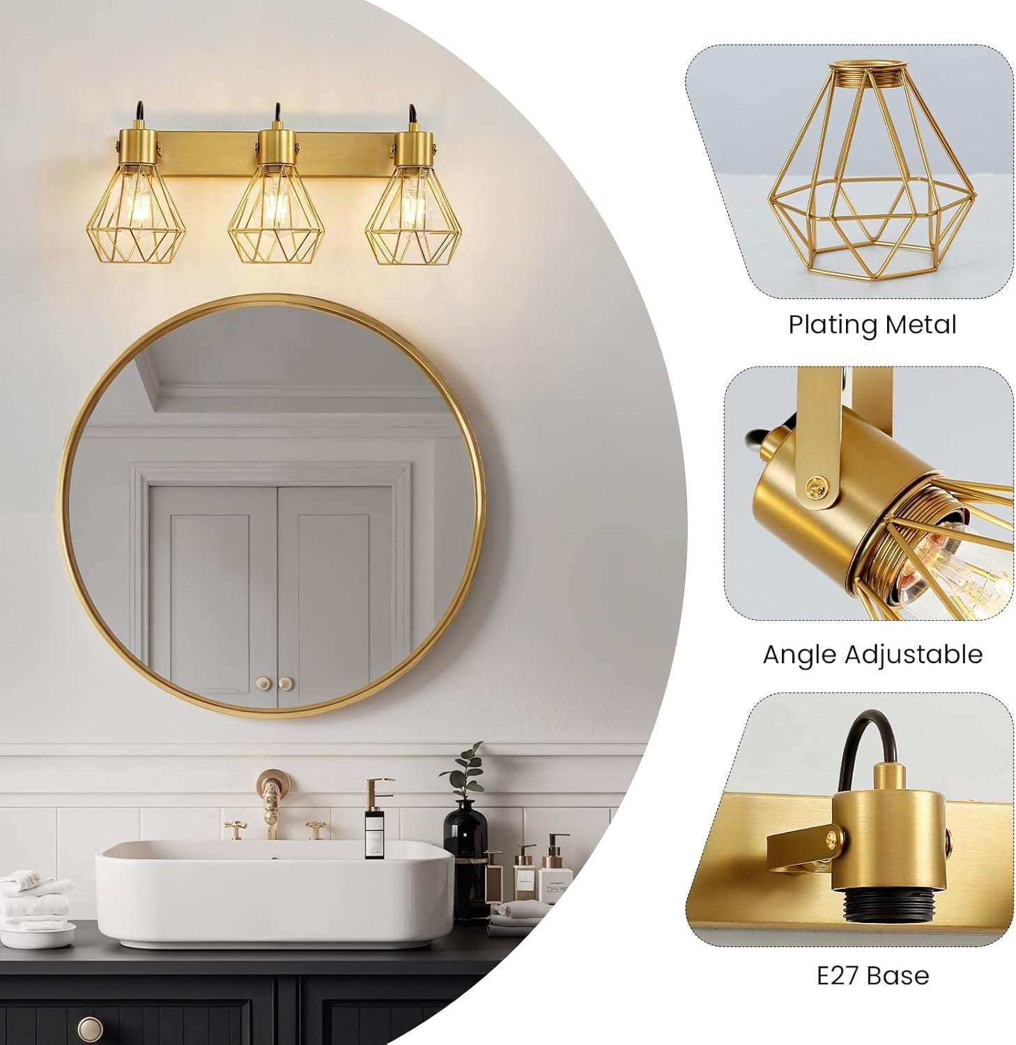 Rotatable 3-Light Gold Vanity Wall Sconce, Vintage Farmhouse Bath Light