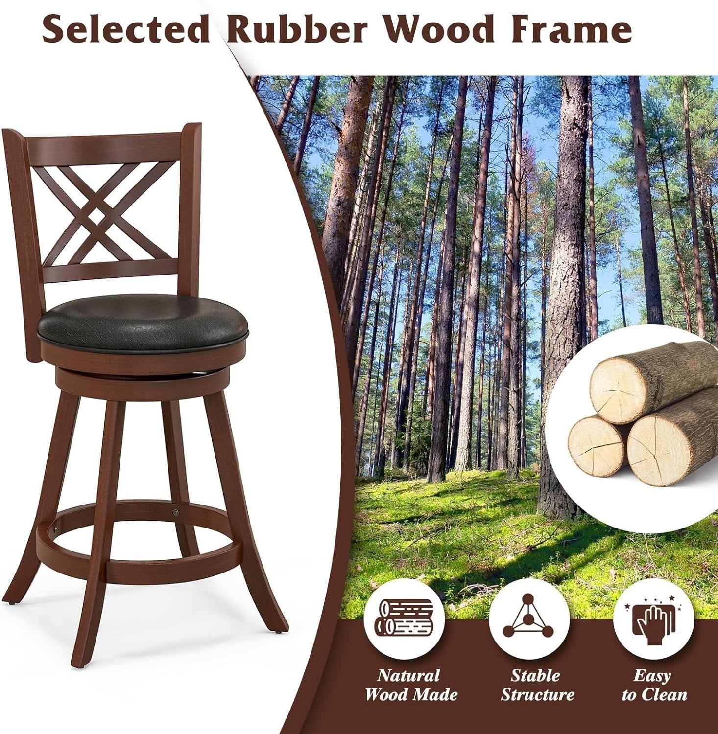 Espresso Black Swivel Bar Stools Set of 2 – Rubber Wood Counter Chairs 96 cm