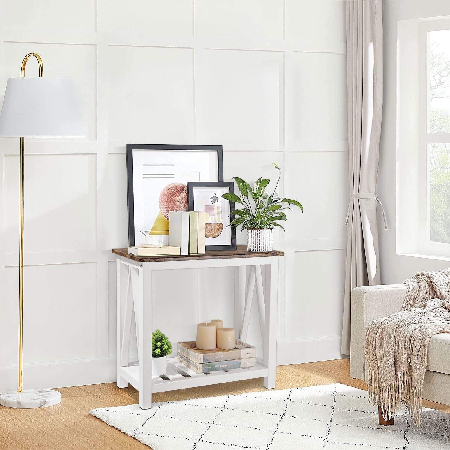 Narrow Brown & White Side Table with Storage Shelf, Rustic Nightstand