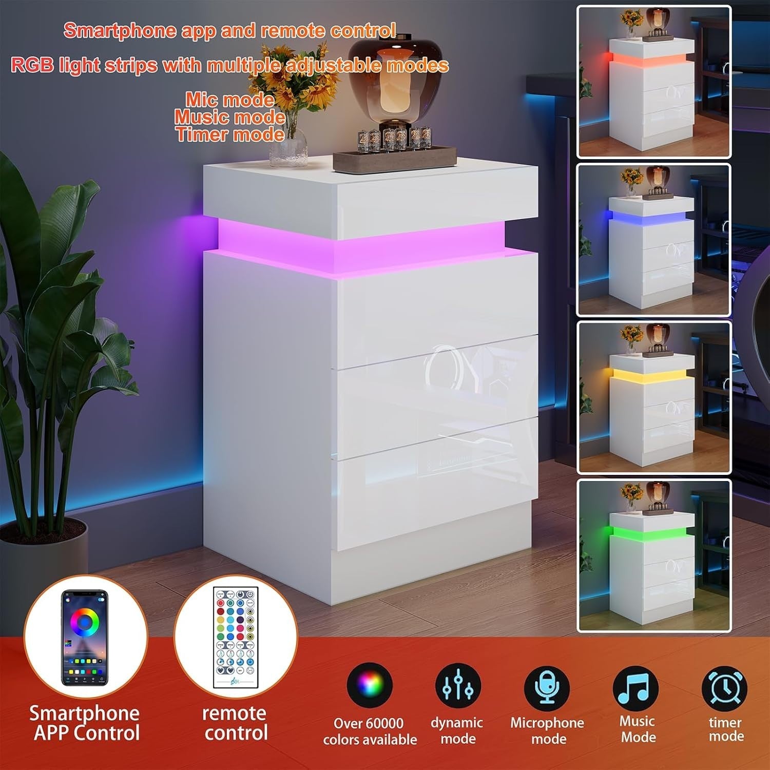 Modern Gloss White Bedside Cabinet with LED Lights, USB Charging Ports