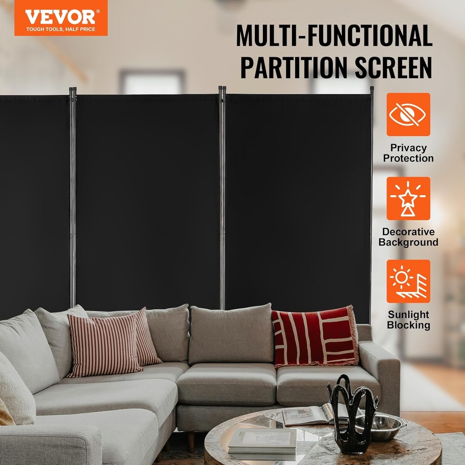 3 Panel Folding Room Divider Black Privacy Screen Freestanding 258x181cm