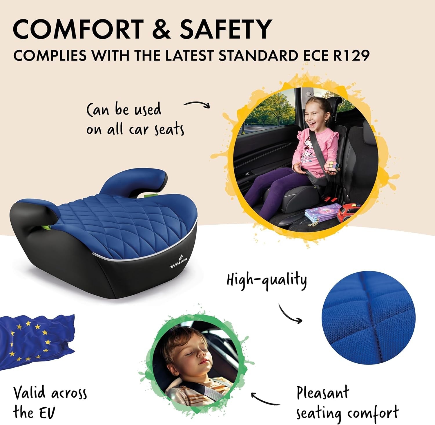 Child Booster Seat 125–150cm R129 Lightweight Padded Kids Car Seat Blue