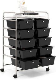 10 Drawer Utility Storage Cart Rolling Organizer Trolley Black Wheels