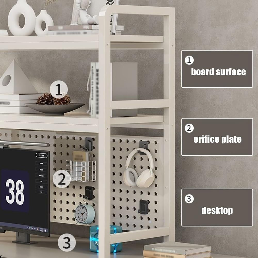 2-Tier Desktop Shelf Organizer | Metal Desk Storage Rack w/ Grid Panel 55cm