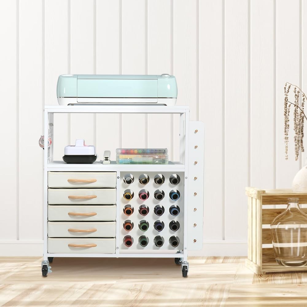 Craft Storage Cart Rolling Cricut Table Vinyl Holder 5 Drawers White