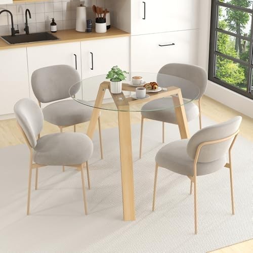 Round Glass Dining Table 90cm Natural Rubber Wood Frame Modern