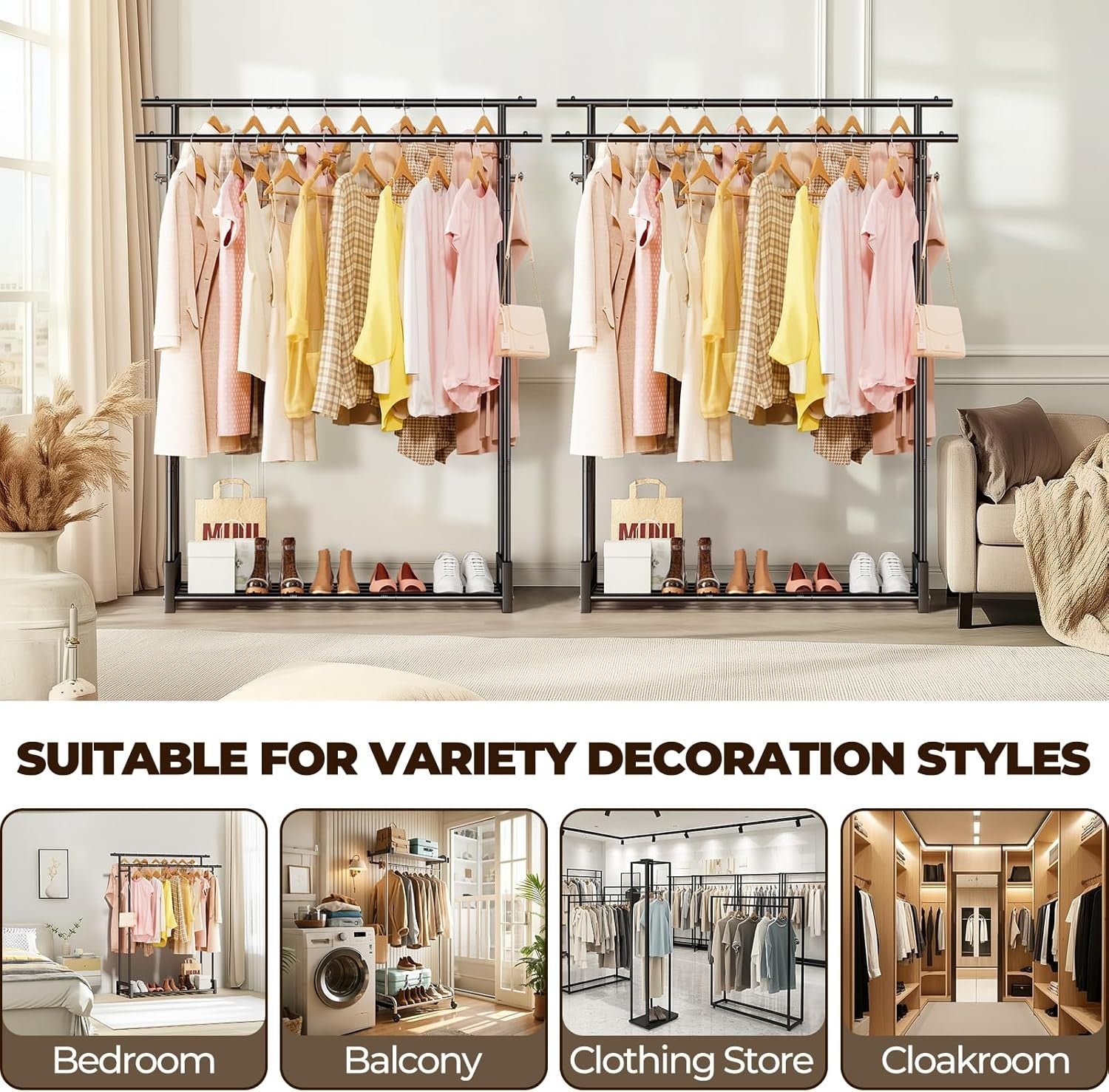 Double Clothes Rail with Shelf & Hooks – Black 150cm
