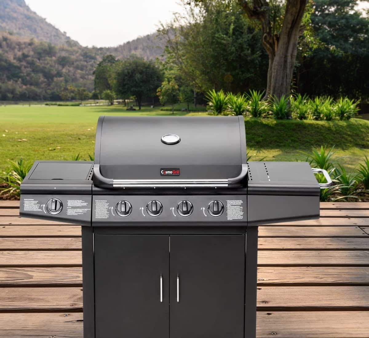 5 Burner Gas BBQ Grill with Side Burner & Warming Rack | Outdoor Garden Cooking