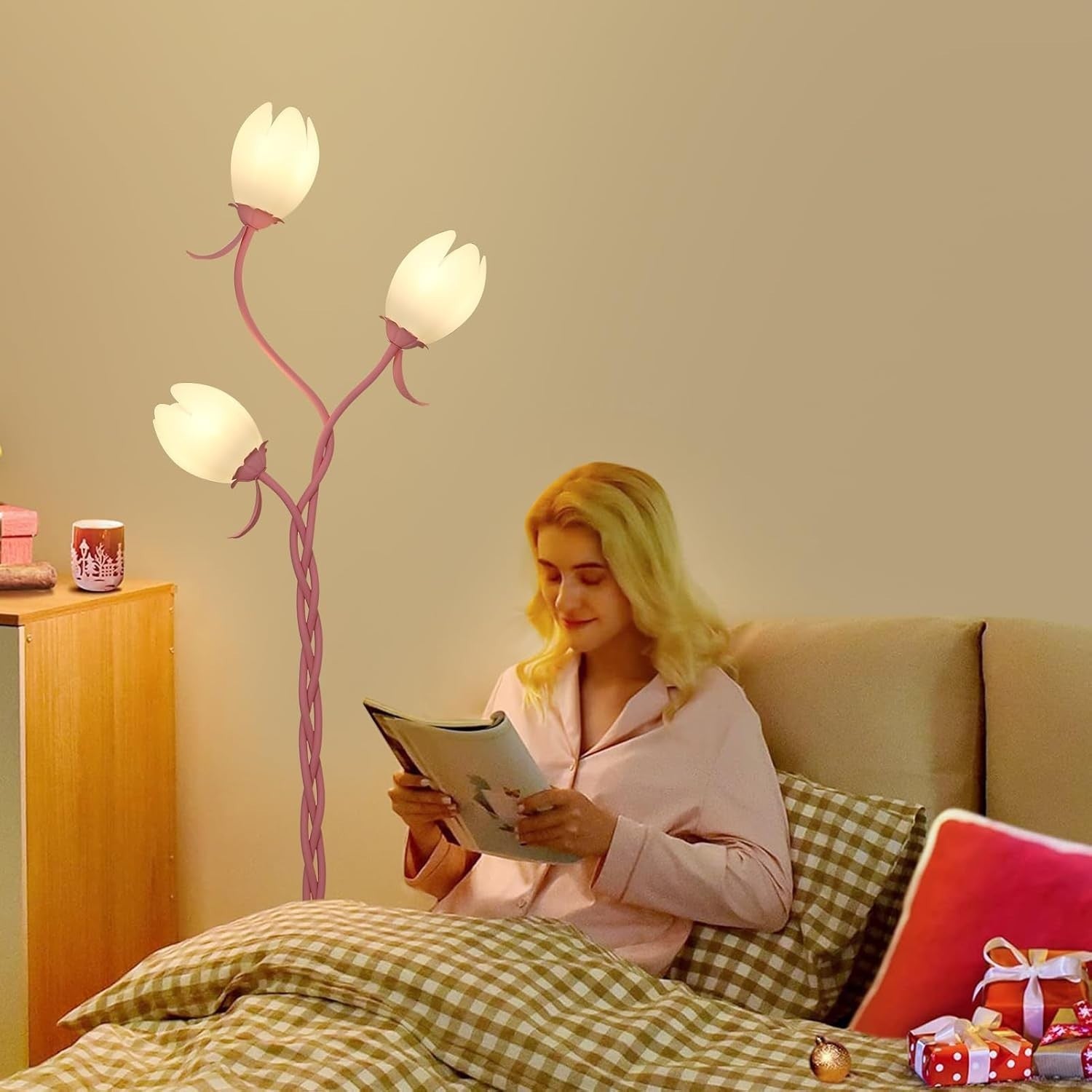 3-Light Pink Floor Lamp Tulip Shades LED Standing Lamp Bedroom Living Room
