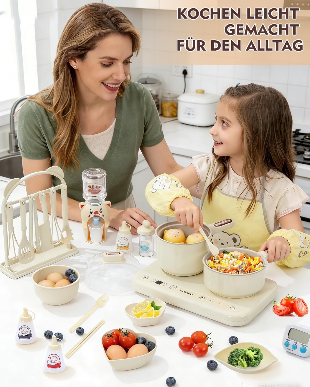Kids Electric Cooking Set Double Hob Kitchen Toy Cookware 40pc Beige