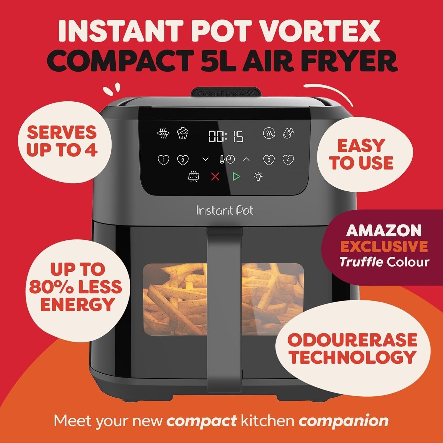 5L Compact Dual Window Air Fryer 4-in-1 Bake Reheat Dehydrate Easy Clean Grey