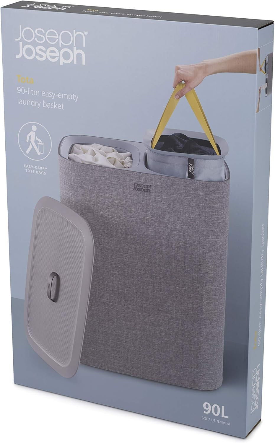 90L Dual Compartment Laundry Basket with Lid Removable Bags Grey Modern