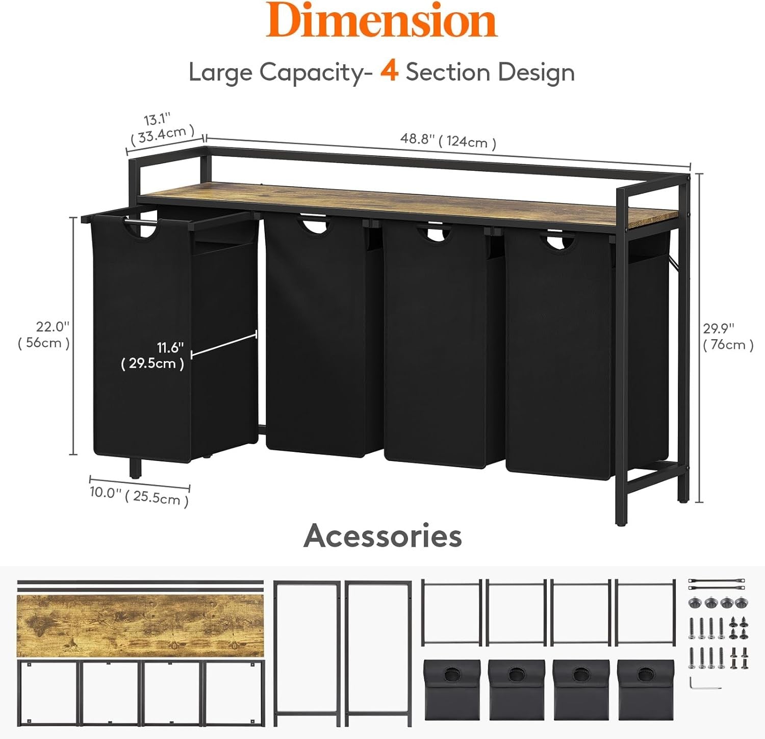 168L 4-Section Laundry Hamper with Shelf | Pull-Out Bags & Handles | Clothes Sor