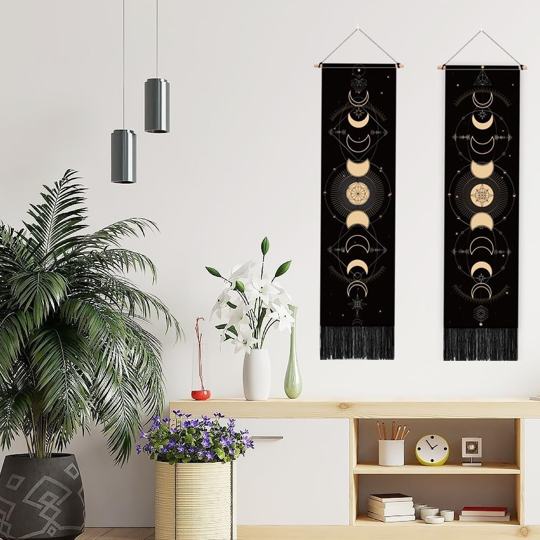 2-Pack Moon Phases Tapestry 52"x13" Boho Vertical Wall Decor