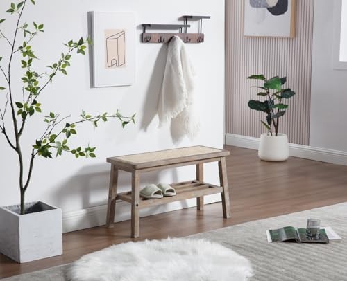 Natural Rattan Dining Bench with Solid Wood Legs Entryway Shoe Storage Ottoman