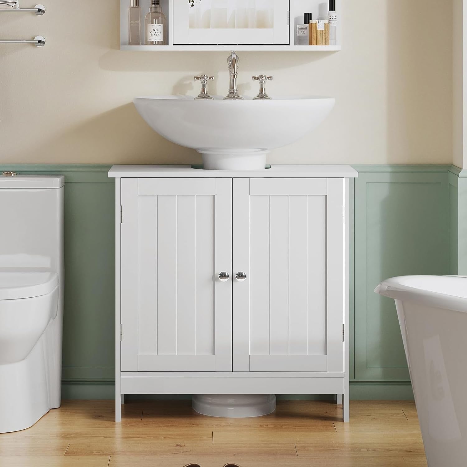 White Under Sink Bathroom Cabinet – 2 Door Vanity Unit with Shelf Storage