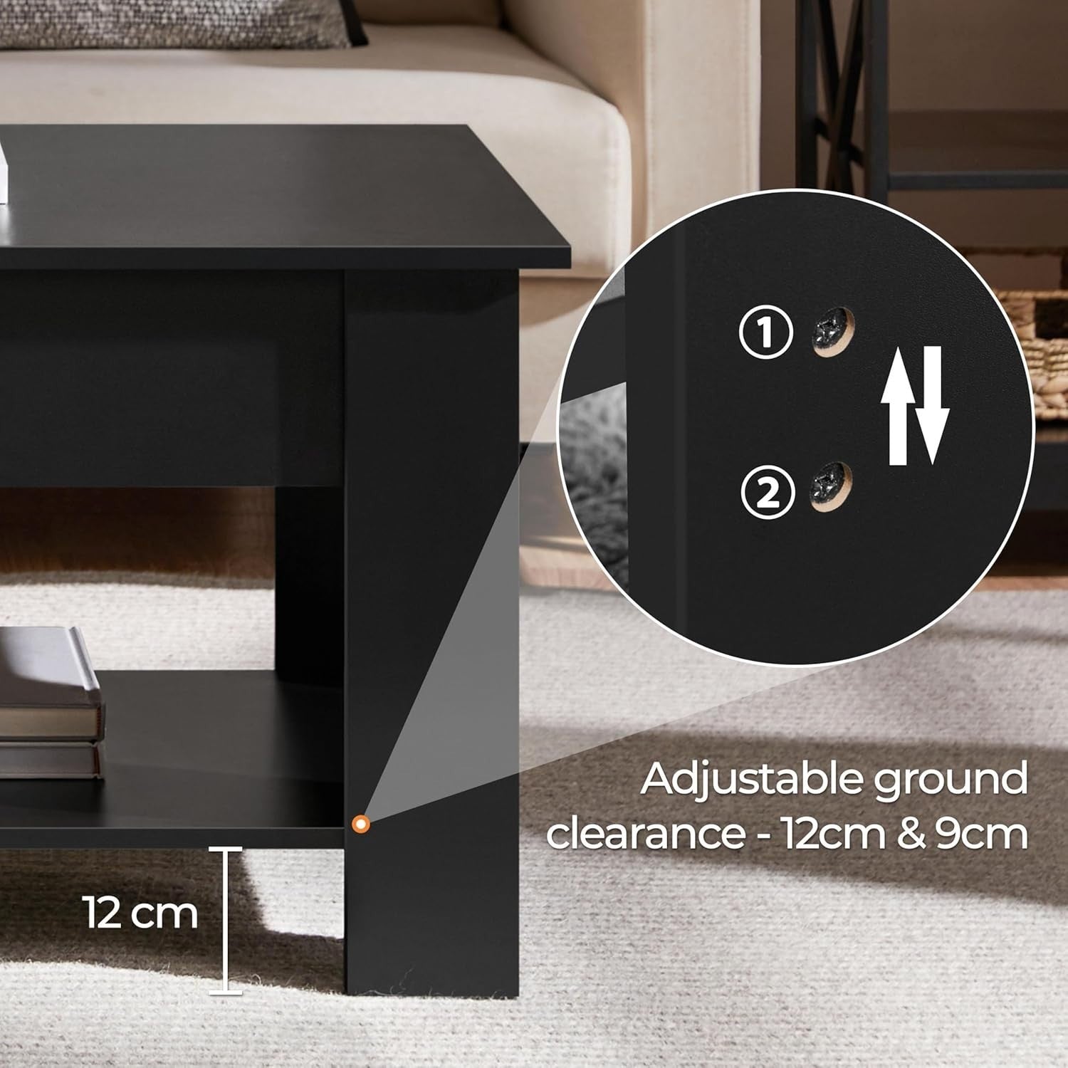 Lift Top Coffee Table Adjustable Height Hidden Storage Shelf Black 120x60cm