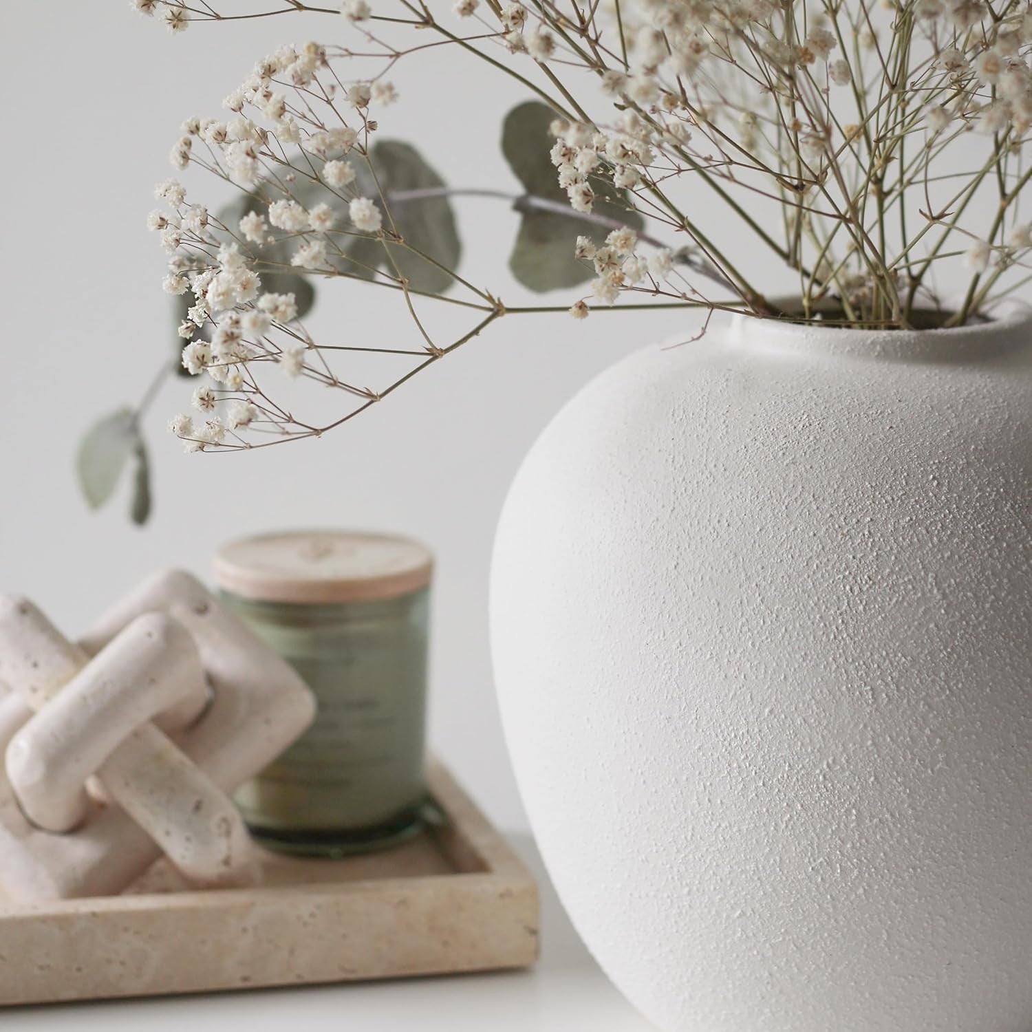 White Ceramic Flower Vase 20cm Round Minimalist Leak-Proof Home Décor