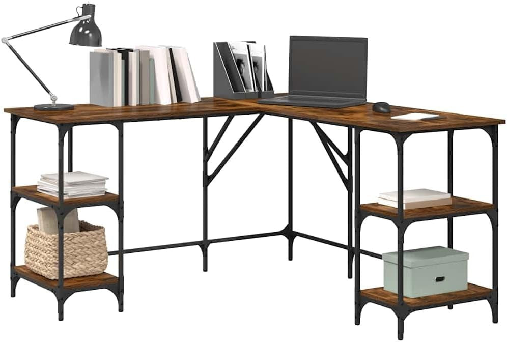 L-Shape Corner Desk with Shelves 139cm Smoked Oak Office Computer Table