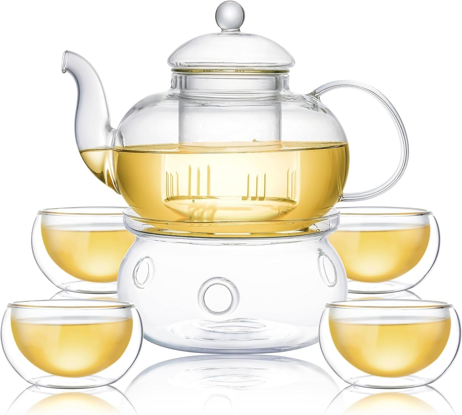 Glass Teapot Set 1000ml with Infuser Tea Warmer & 4 Teacups