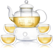Glass Teapot Set 1000ml with Infuser Tea Warmer & 4 Teacups