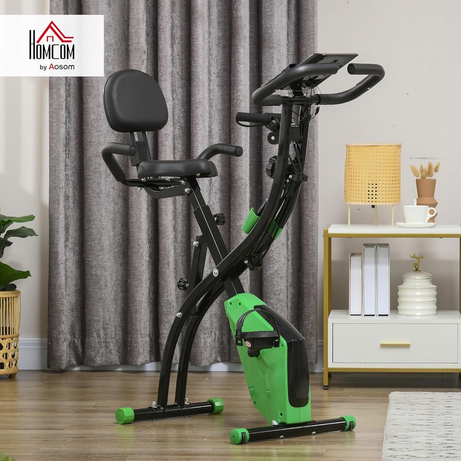 Green 3-in-1 Folding Exercise Bike Magnetic Resistance LCD Pulse & Bands