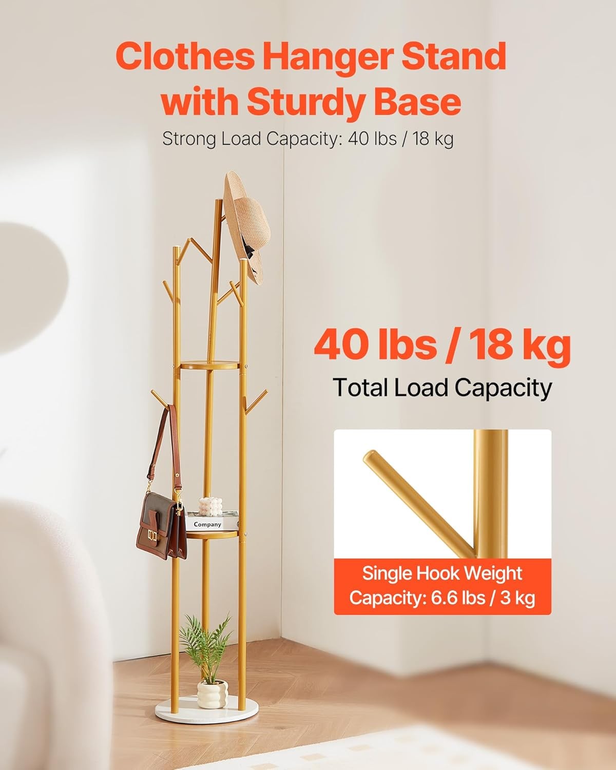 Freestanding Coat Rack with Quartz Stone Base | 9 Hooks Hall Tree Stand