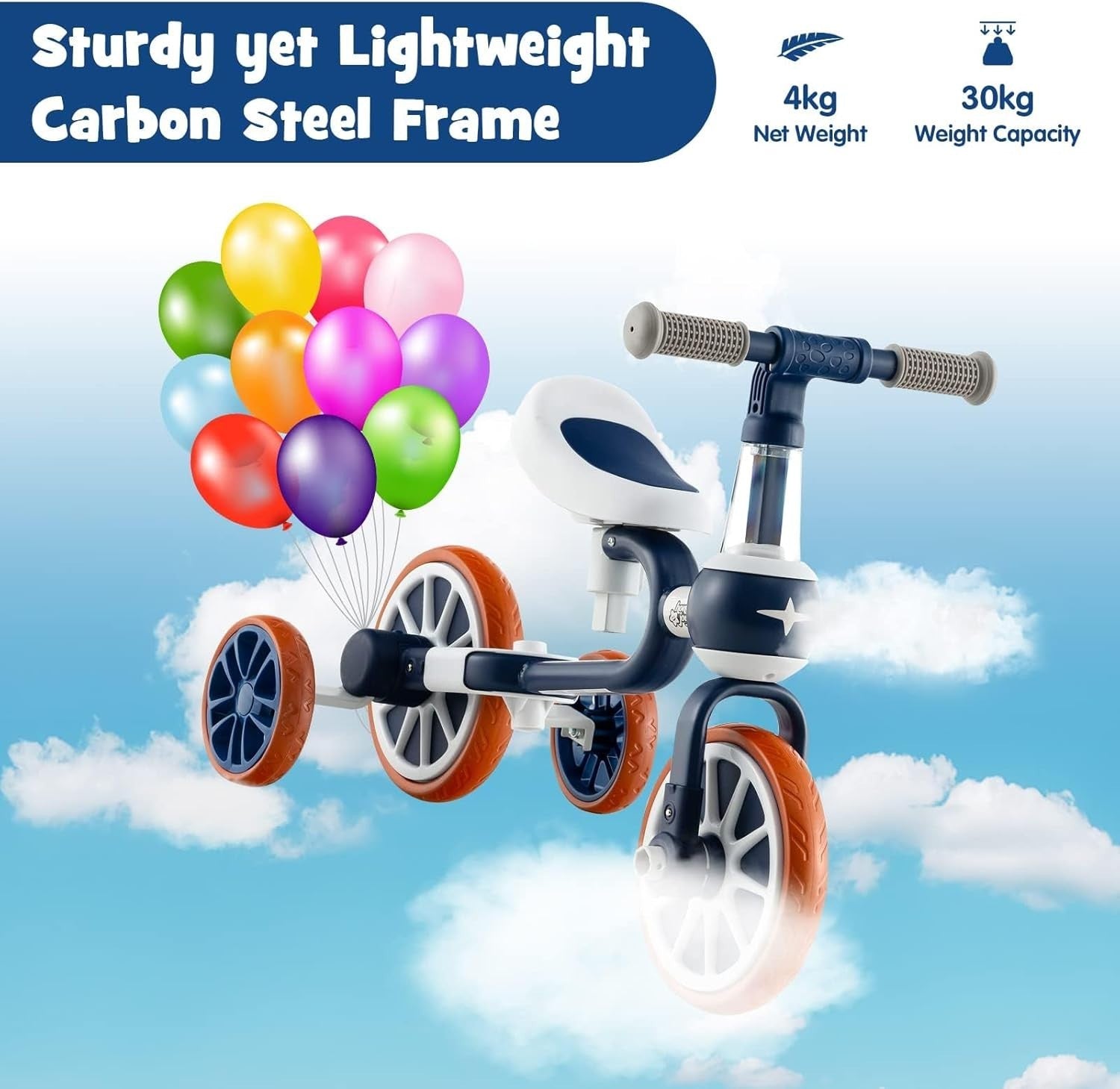 4 in 1 Kids Trike Balance Bike Push Tricycle Adjustable Handle EVA