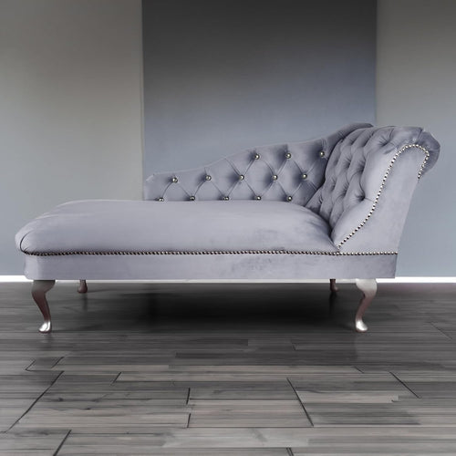 Velvet Chaise Lounge Sofa Right Hand Platinum – Tufted Seat, UK Handmade