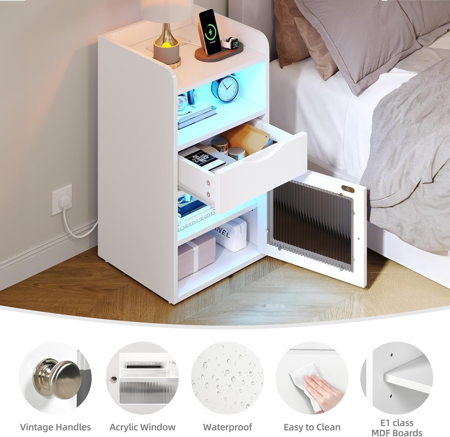 White LED Bedside Table with Charging Station, Drawer Storage & Shelf