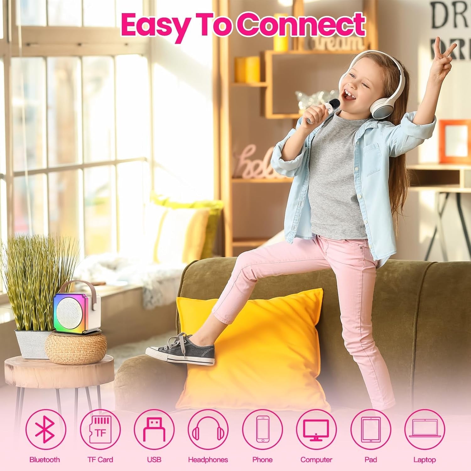 Cream Kids Karaoke Machine with 2 Mics LED Bluetooth Speaker