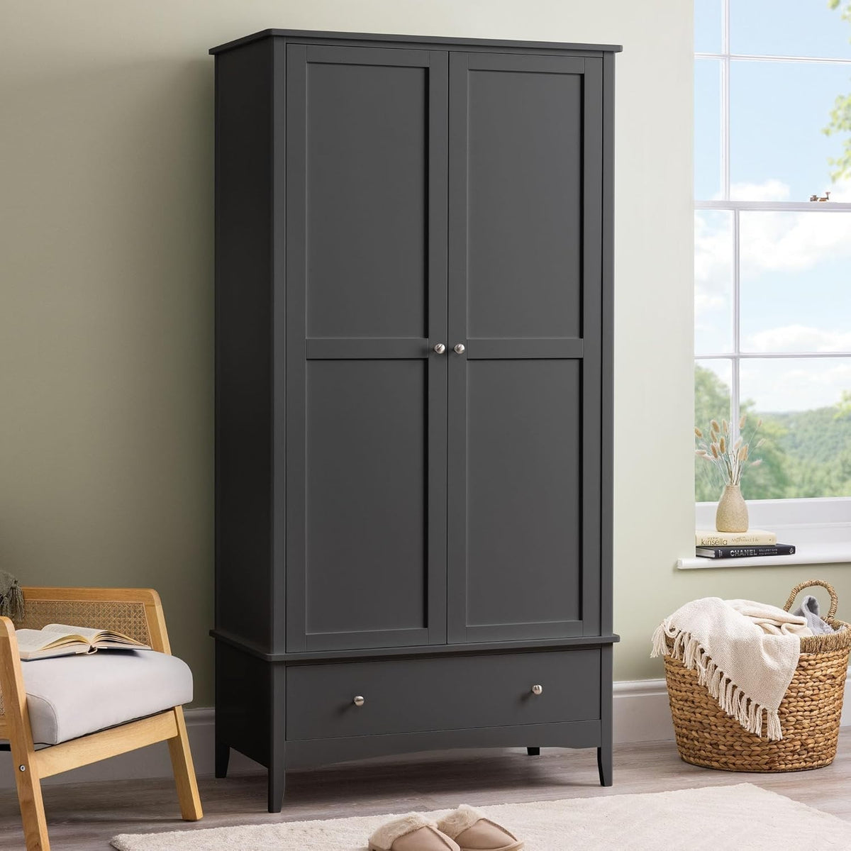 Black Double Wardrobe with Drawer | Soft Close Doors | Clothes Rail Storage