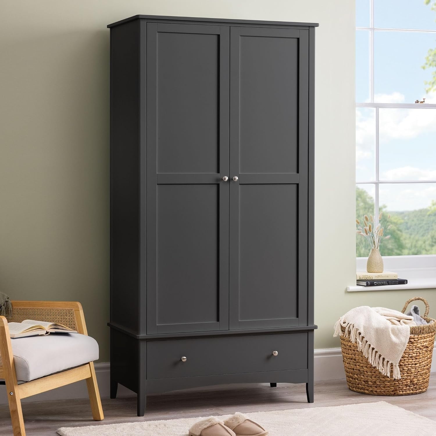 Black Double Wardrobe with Drawer | Soft Close Doors | Clothes Rail Storage
