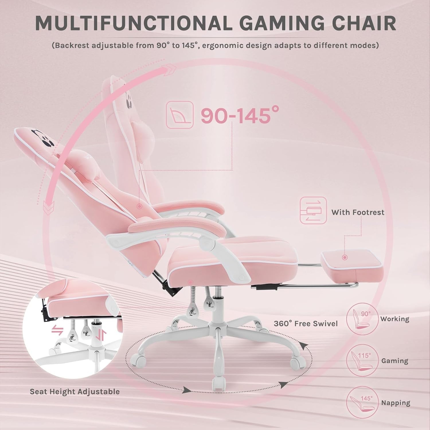 Ergonomic Gaming Chair w/ Pocket Spring Cushion Footrest 150kg Pink