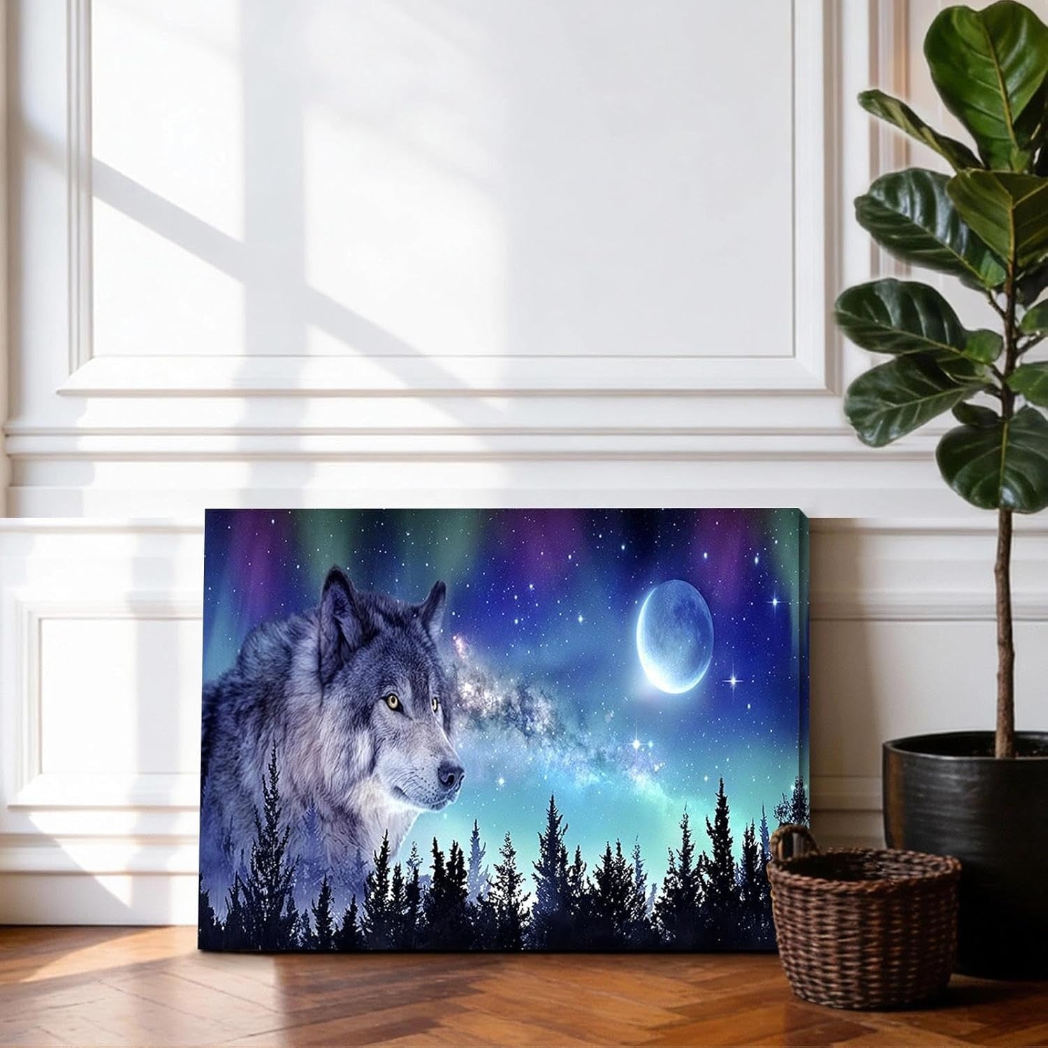 12×16″ Wolf Moon & Northern Lights Framed Canvas Wall Art – Ready Hang