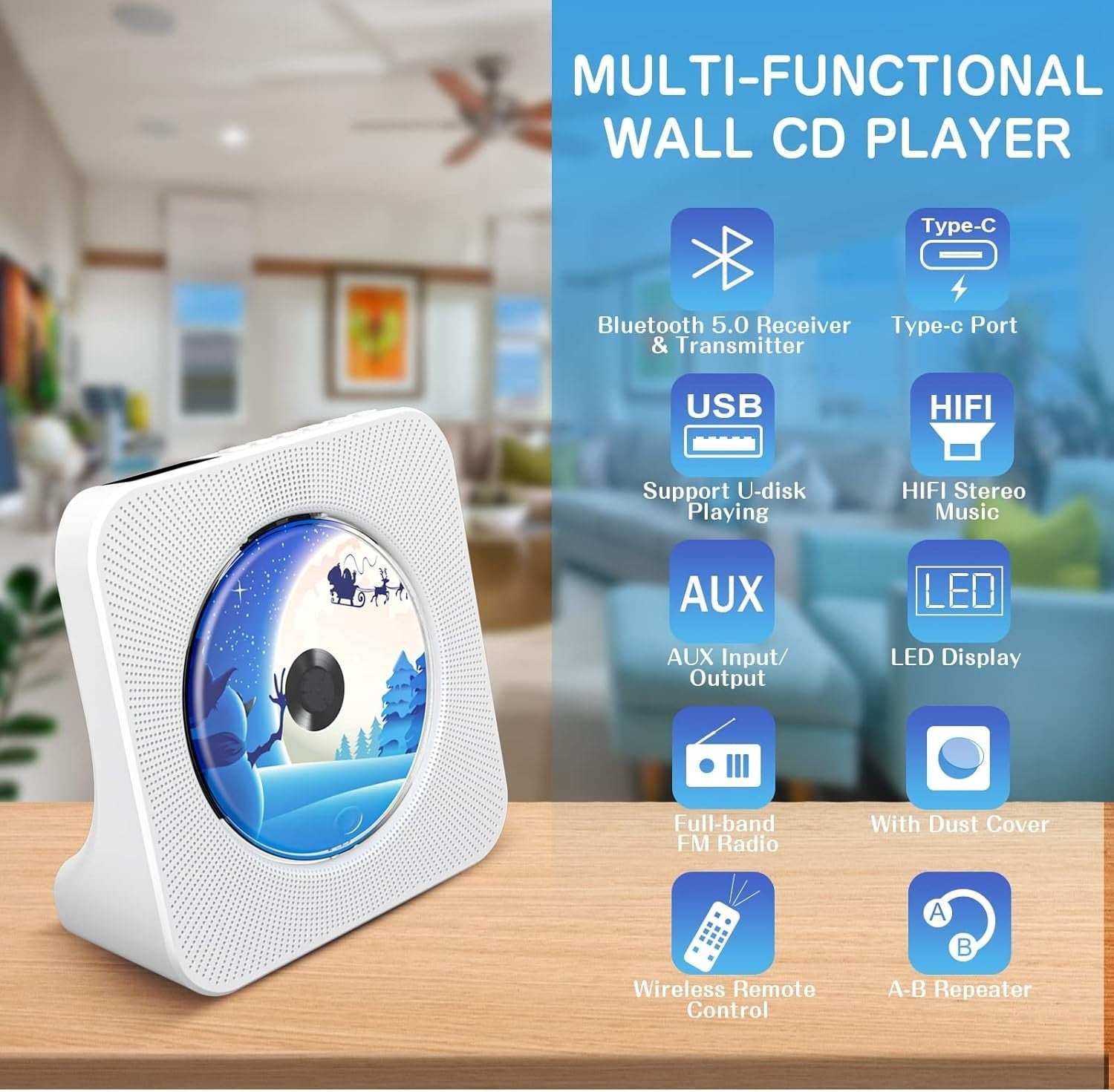 Desktop CD Player Bluetooth 5.0 Speakers FM Radio USB AUX Remote LCD