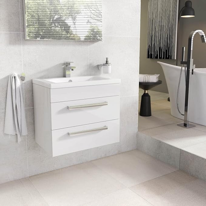 600mm Wall Mounted White Gloss Vanity Unit – 2 Drawer Sink Cabinet with Basin