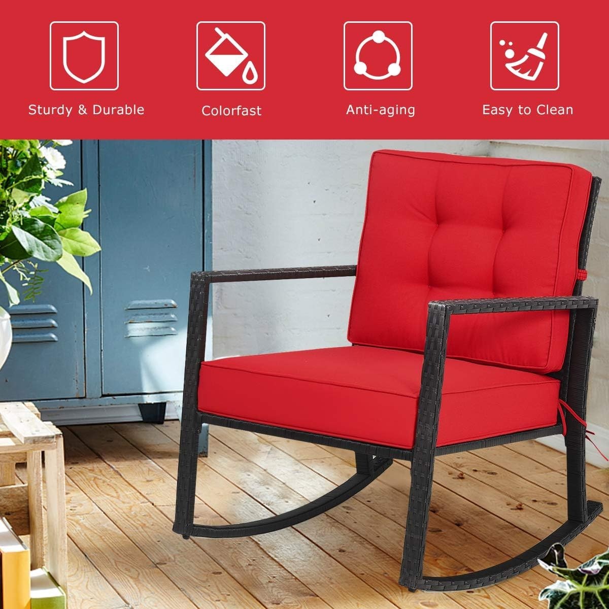 Outdoor Red Rattan Rocking Chair with Cushions & Armrests Patio Glider