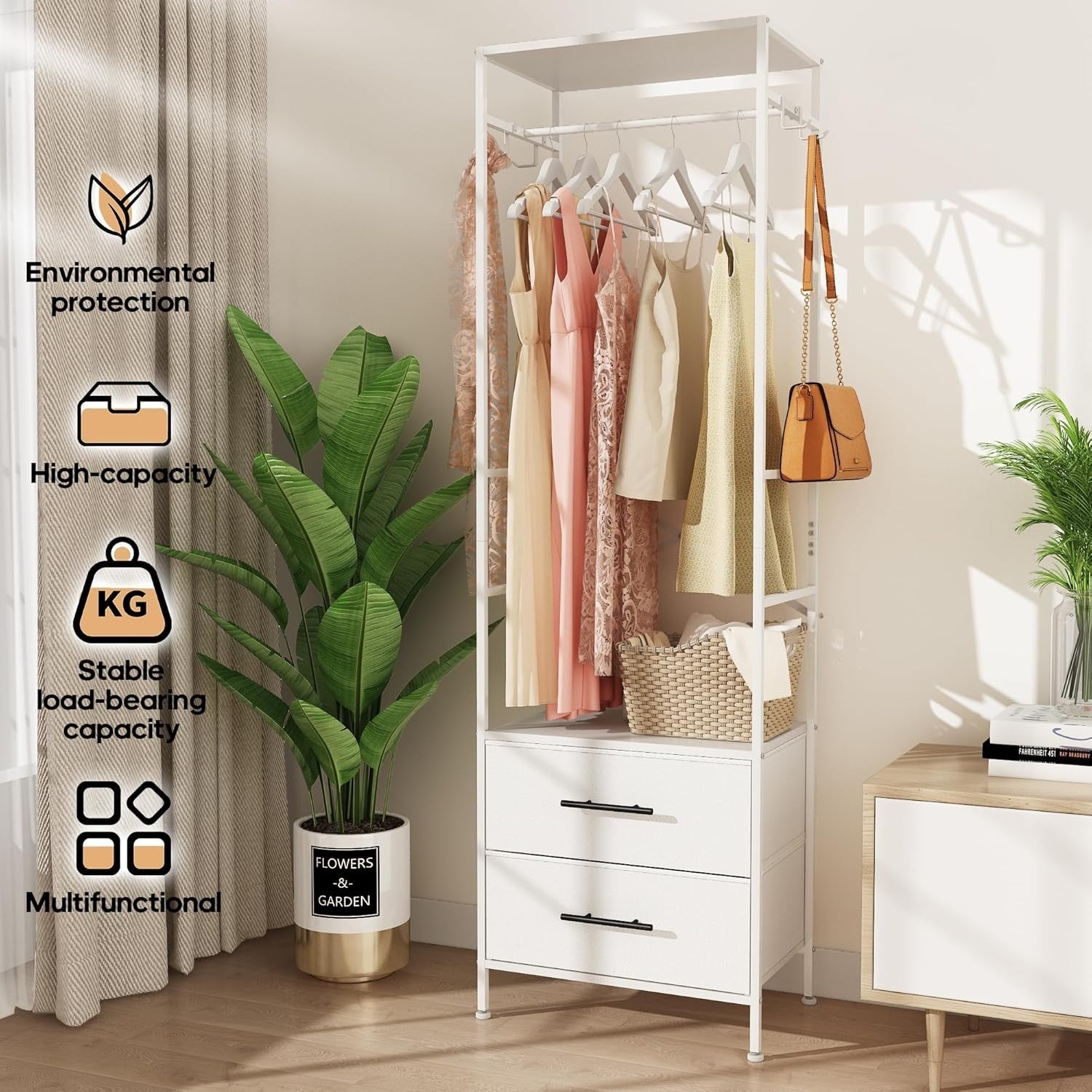Open Wardrobe Clothes Rail 2 Drawers with Hooks White