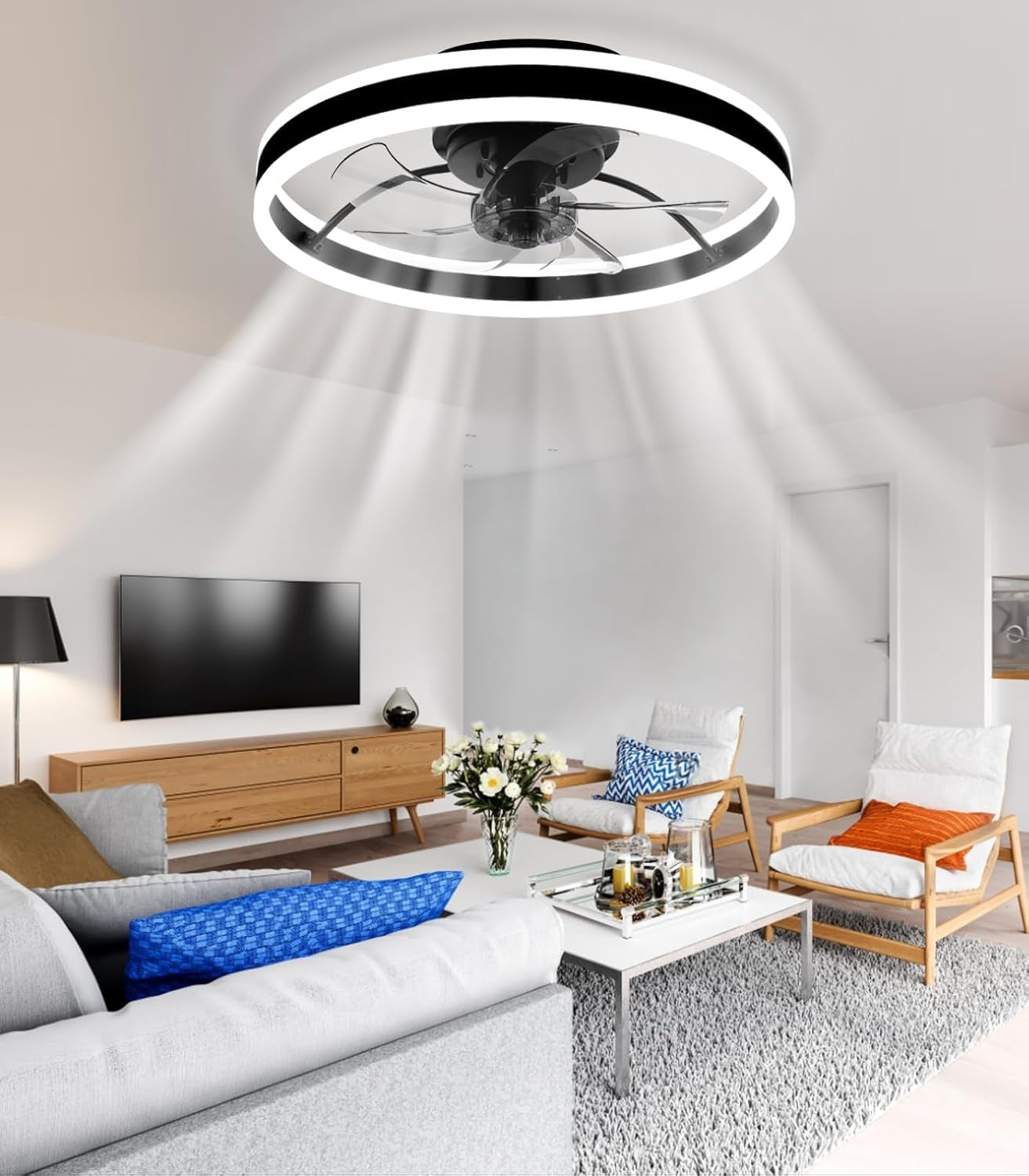50cm Smart Ceiling Fan Light, 6 Speeds, Dimmable, Reversible LED, Quiet Black