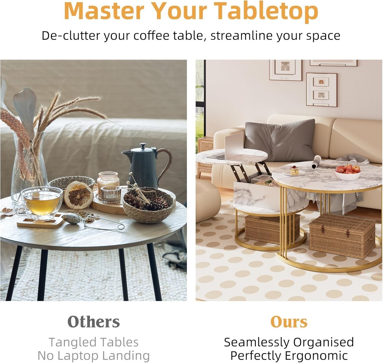 Marble Nesting Coffee Table Set, Lift-Top Hidden Storage, Round End Tables