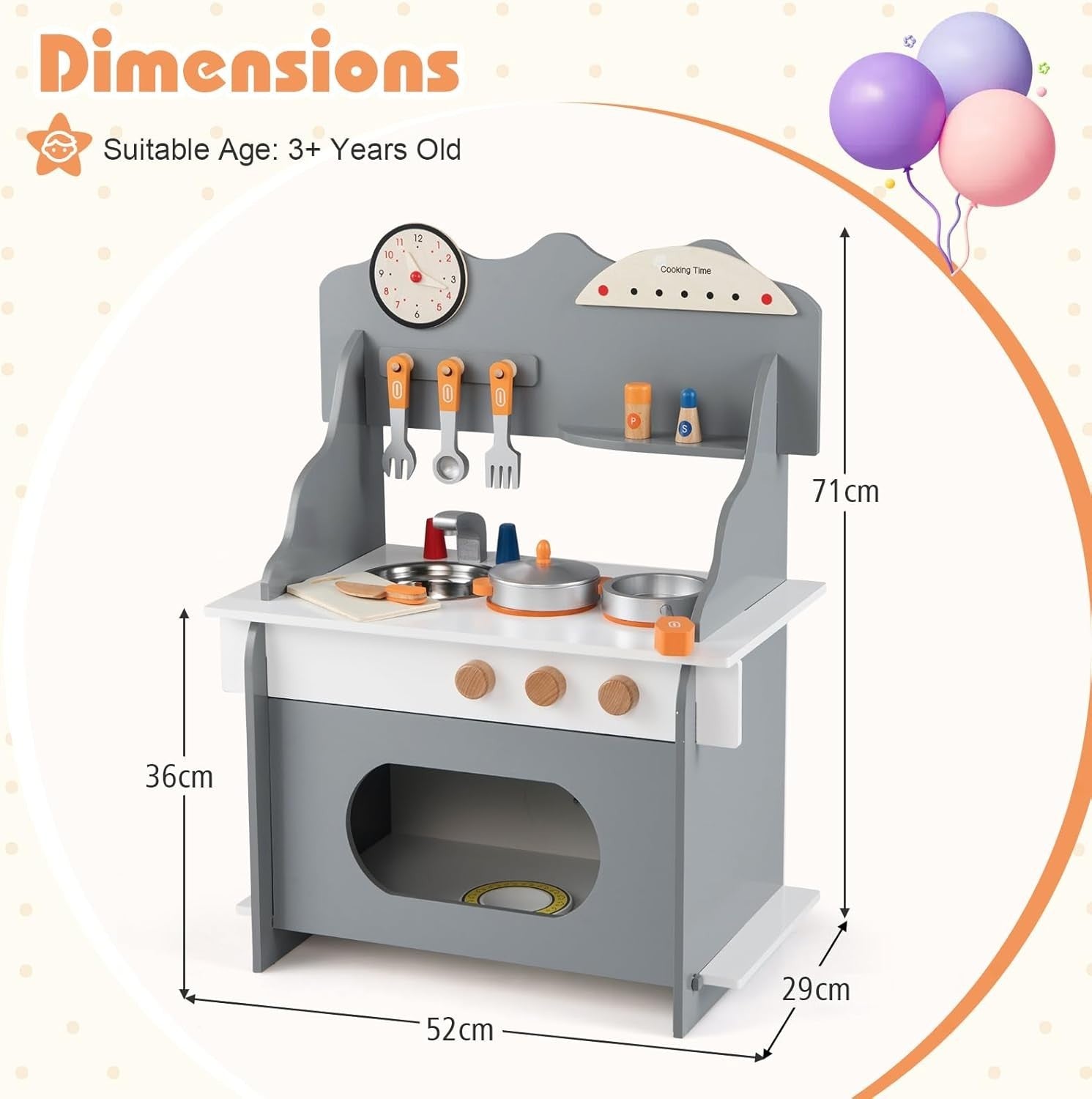 Wooden Kids Play Kitchen Grey Toy Set Stove Sink Oven Accessories