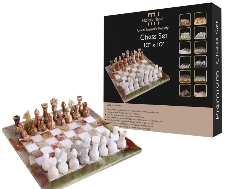 Luxury 10x10” Marble Chess Set Onyx Green & White – Premium Stone Board