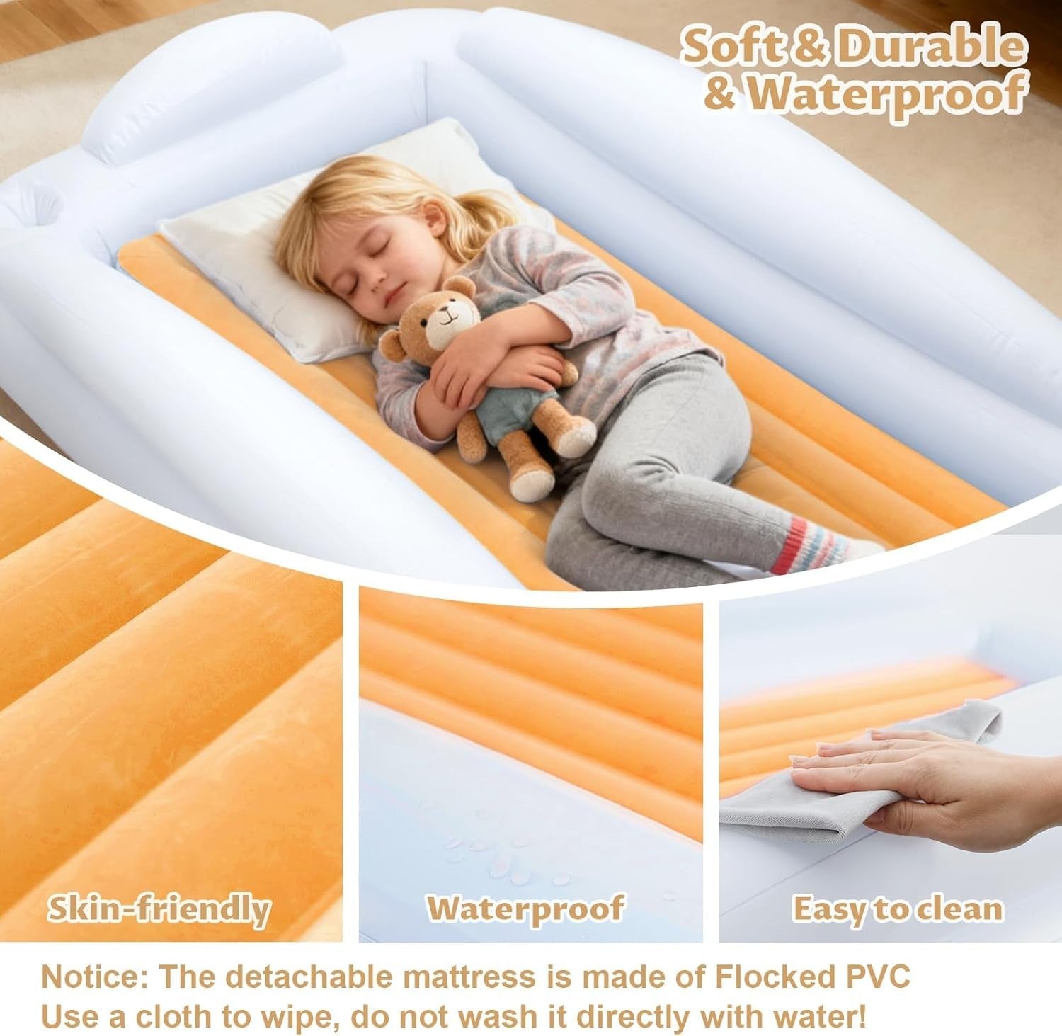 Inflatable Toddler Travel Bed 63” Kids Air Mattress with Safety Bumpers