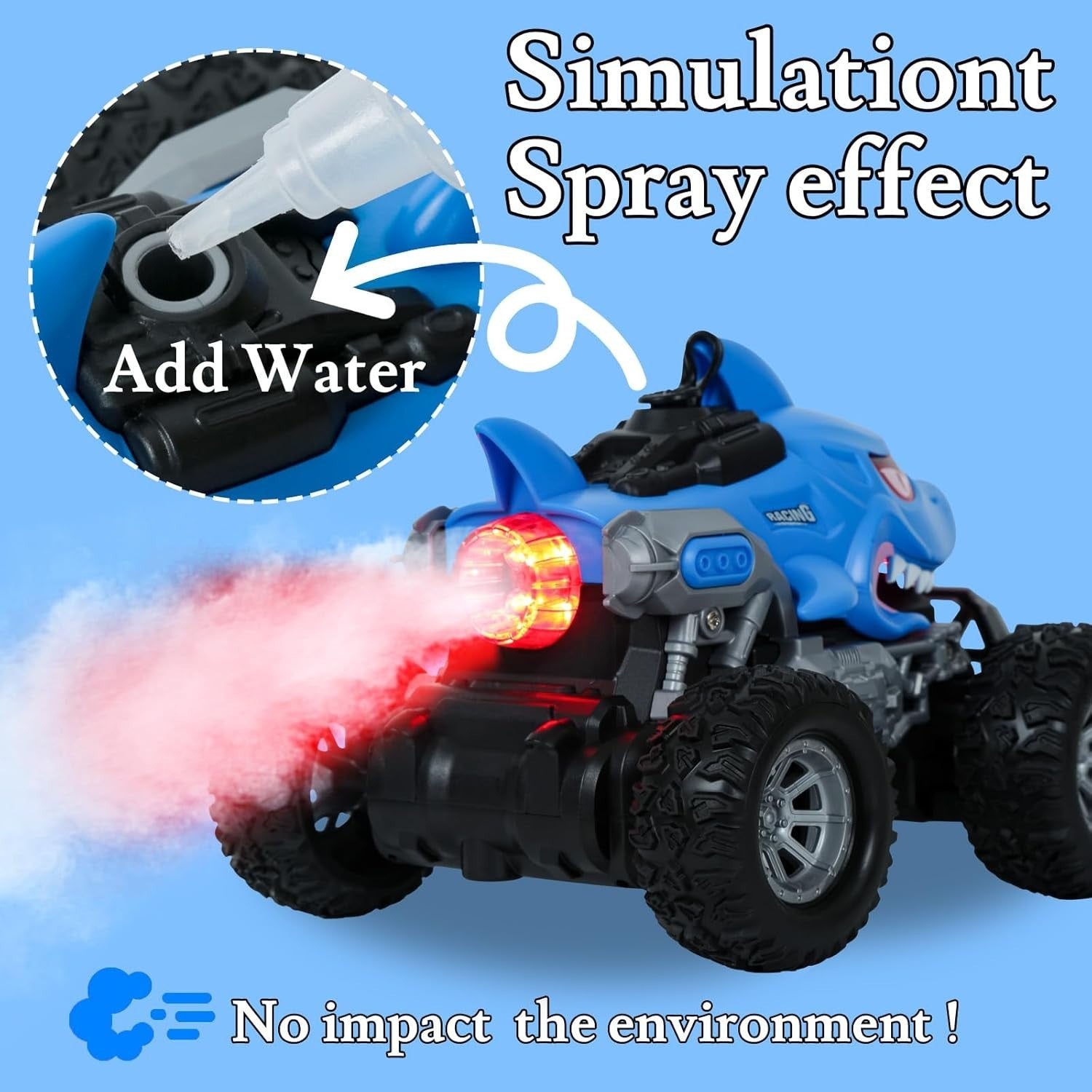 Shark RC Monster Truck for Kids – Remote Control Car w/ LED & Spray Toy