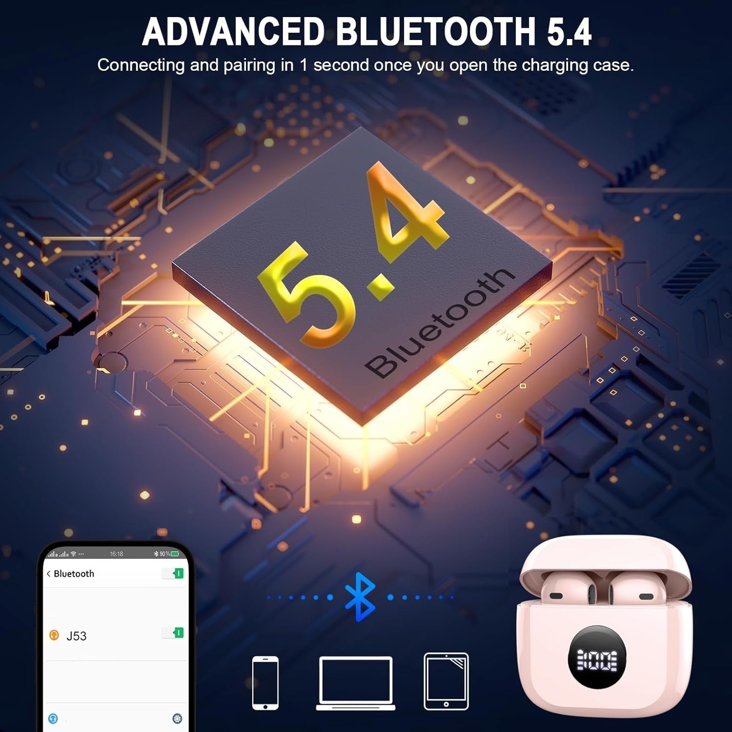 Bluetooth 5.4 Wireless Earbuds 4-Mic ENC Deep Bass 40H LED Display Pink