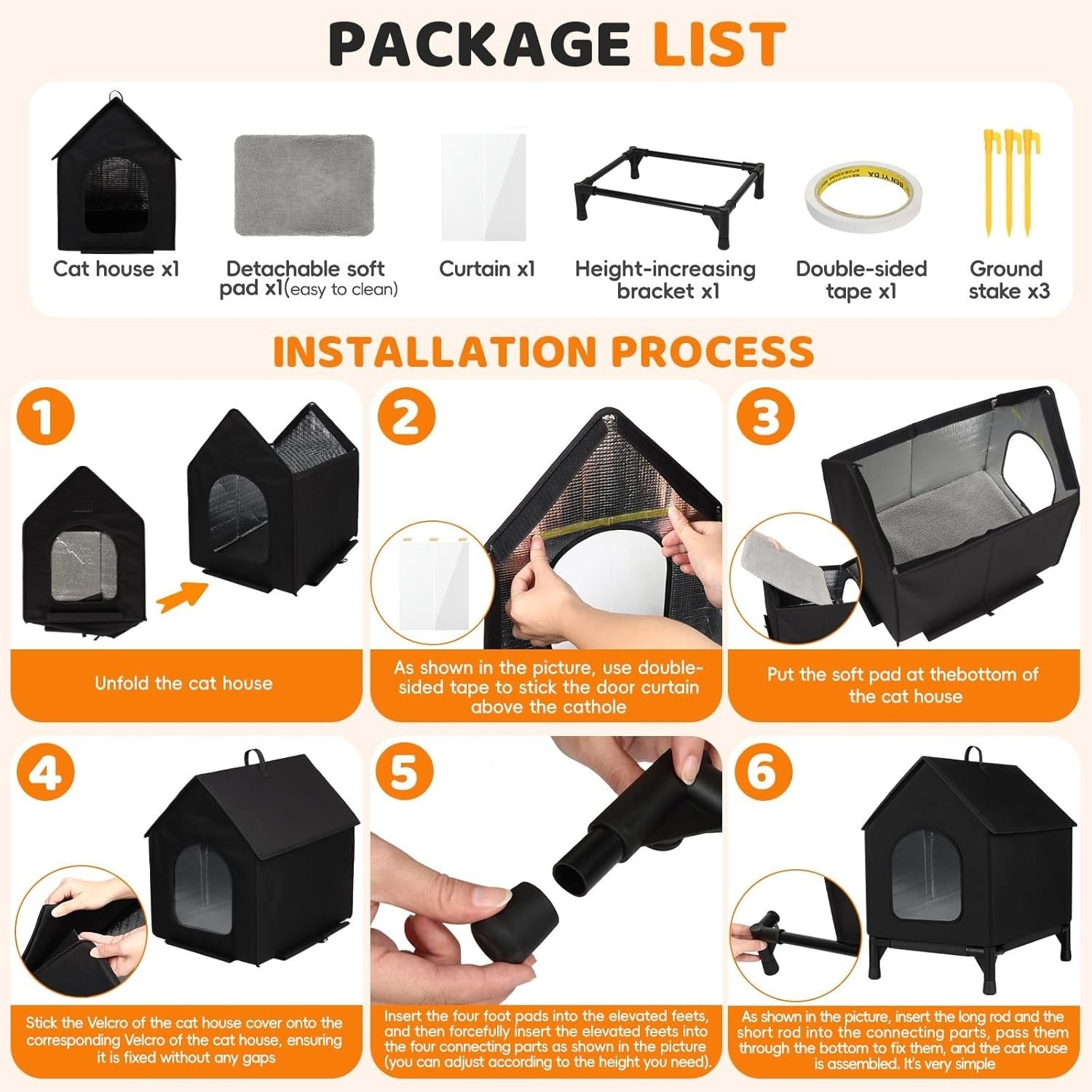 Outdoor & Indoor Insulated Cat House Waterproof Shelter with Soft Pad Black